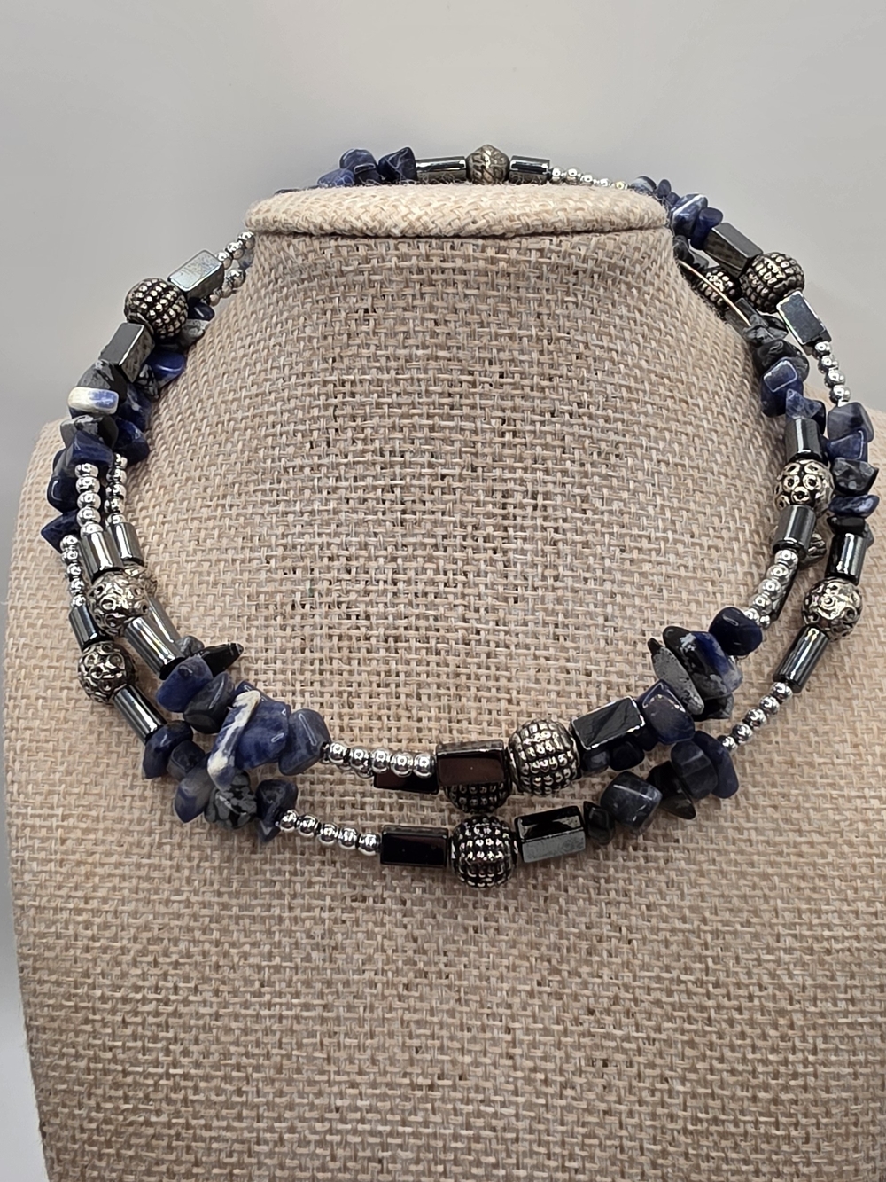 Handmade Blue Sodalite, Snowflake Obsidian & Hematite Multi-Strand Necklace